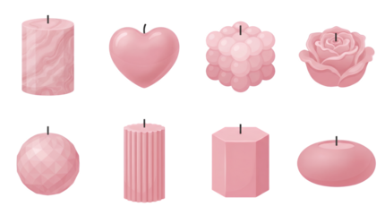 Pink decorative candle set including pillar, heart, bubble, rose, geometric, and textured shapes isolated. Home decor and wellness aromatherapy collection.