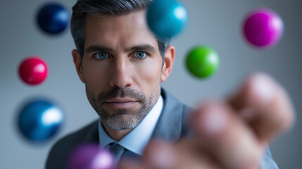 Focused businessman multitasking by managing multiple tasks simultaneously in a modern office environment.

