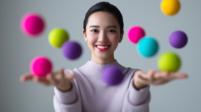 Smiling young woman symbolically organizing work and tasks by juggling colorful spheres against a clean background.

