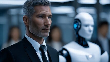 Businessman standing next to a humanoid robot, representing human–artificial intelligence collaboration and the future of corporate technology.
