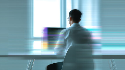 Blurred motion of a man working at a computer, symbolizing speed, digital workflow, and fast-paced modern technology environment.
