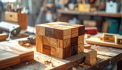 Wooden mosaic cube made of varied grain blocks on workbench in woodworking shop with tools in background