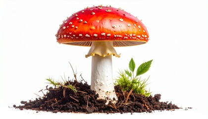   
"Fly agaric mushroom with red cap and white warts growing from dark soil with green moss, vivid forest fungi"