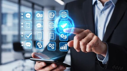 Businessman managing global business tasks and operations using advanced digital applications on a virtual interface via smartphone. Emphasizes productivity, innovation, and strategic decision-making.