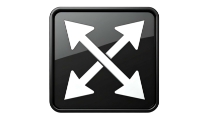 Glossy black square icon with two crossing diagonal arrows pointing outward