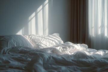 Minimal bedroom scene with rumpled white sheets and empty space, morning light, absence of people