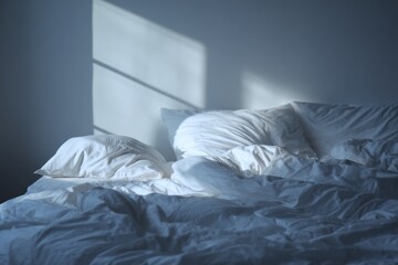 Minimal bedroom scene with rumpled white sheets and empty space, morning light, absence of people