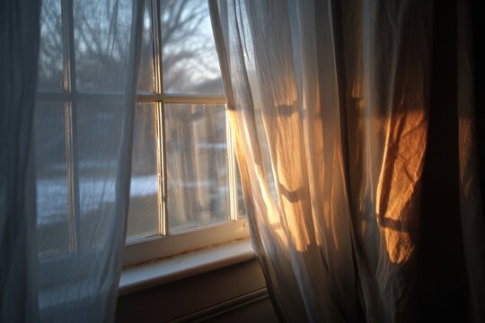 Bedroom window with pale winter light and sheer curtains, sense of rest and pause