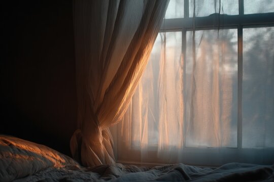 Bedroom window with pale winter light and sheer curtains, sense of rest and pause