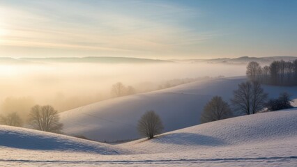 Snowy landscape winter morning fog hills