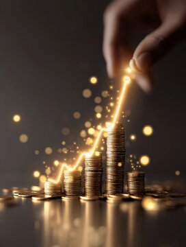 Un gr&aacute;fico de crecimiento financiero ascendente hecho de luz dorada, con una mano humana control&aacute;ndolo. O monedas digitales flotando.