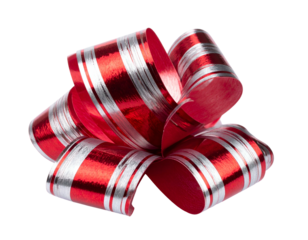 Close-up of a festive, shiny red bow with silver stripes on a transparent background