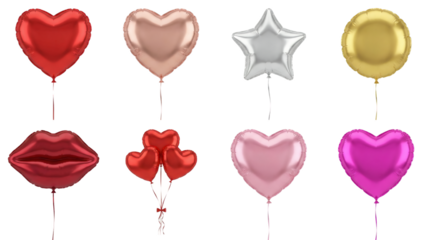 Foil balloon set including heart, star, round, and lips shapes in red, gold, and pink isolated. Party and celebration decoration collection.