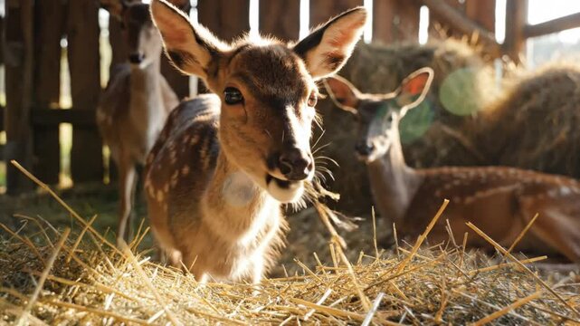 Adorable fawn eating hay inside a barn with other deer in a rustic and warm environment