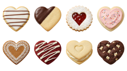 Heart shaped cookies set including frosted, chocolate dipped, jam filled, and gingerbread variants. Valentines day and romantic dessert collection.