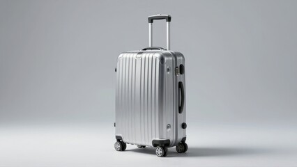 Silver rolling suitcase with extended handle on gray background