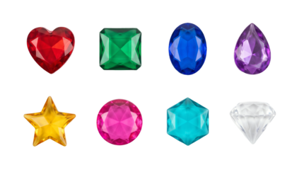 Colorful gemstone set including heart, emerald, oval, pear, star, round, hexagon, and diamond shapes isolated. Decorative jewelry and game asset collection.