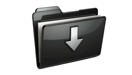 Glossy black file folder icon with white papers visible, a large downward arrow