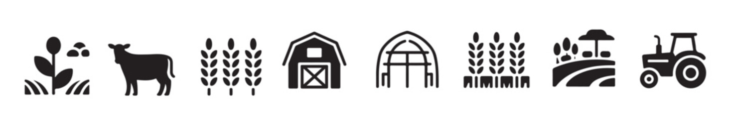 black and white glyph style farming agriculture icon set © Nomae