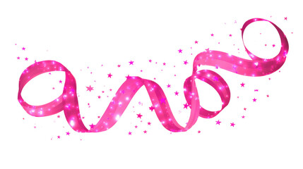 Abstract glowing pink ribbon trail with stars isolated on white background representing breast cancer awareness, magic, hope, motion, and celebration