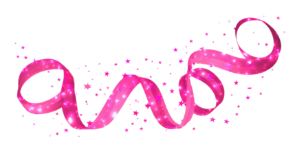 Abstract glowing pink ribbon trail with stars isolated on white background representing breast cancer awareness, magic, hope, motion, and celebration