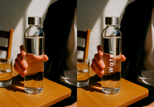 Clear Glass Bottle Mockup On Table PSD