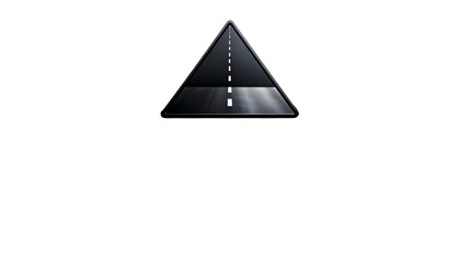 Dark, triangular road sign depicts a road with dashed lines against a black background