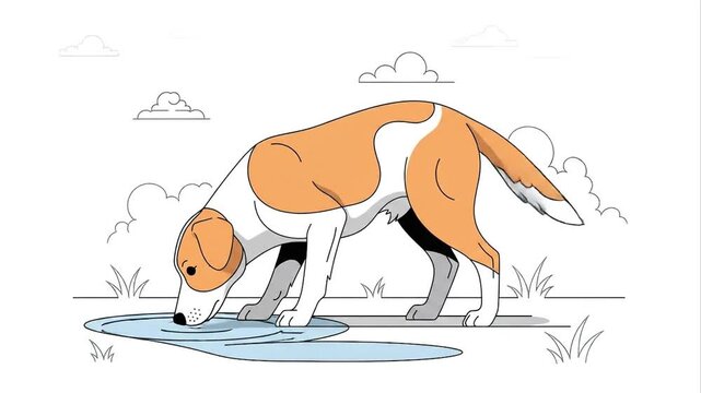 Animated dog drinking water outdoors vector illustration