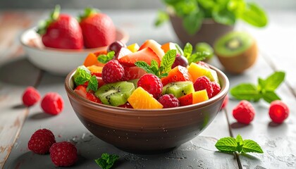 A colorful fruit salad featuring strawberries, kiwi, and mint in a rustic bowl, perfect for healthy eating and summer vibes.