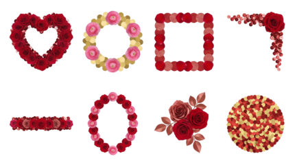 Red and pink floral frame set including heart, circle, square, and oval shapes with roses and gold confetti. Valentine day and wedding decorative elements.