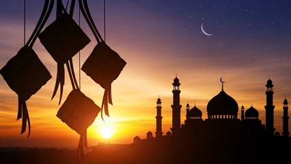 Mosque and Hanging Ketupat Silhouettes Against a Vibrant Sunset Sky © adeeva Putri Azahra