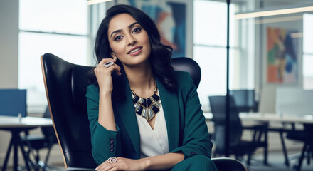 A confident young female executive in a teal suit smiles warmly, radiating leadership and style in a modern office space