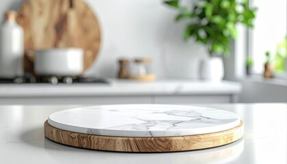 Stylish kitchen featuring a marble and wood cutting board on a white countertop, with blurred background elements and natural light.