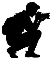 Professional Male Photographer Silhouette Crouching with Camera and Backpack on Transparent Background