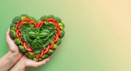 Hands cradle a heart-shaped arrangement of fresh broccoli, spinach, and tomato slices,nutrition and plant-based wellness.