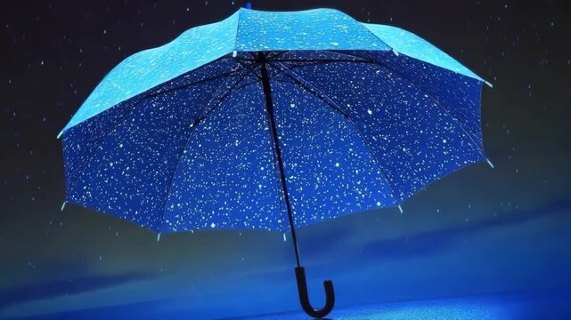 Umbrella stands against a starry sky reflecting on a calm body of water in a serene nighttime setting
