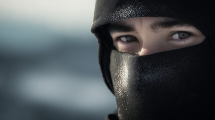 Hidden Behind Shadows, a Young Warrior Embraces the Chill of the Winter of a Distant Land, With Piercing Eyes Gazing Intently Into the Unknown