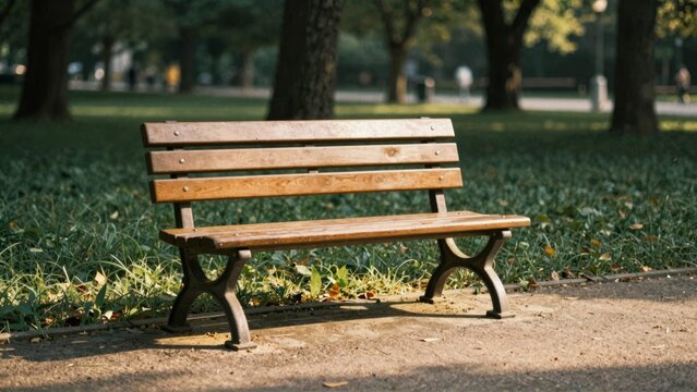 Wooden park bench on grassy pathway - Powered by Adobe