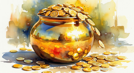 A vibrant watercolor painting shows a pot overflowing with golden coins