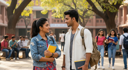 A cheerful young Indian couple, dressed in casual 90s fashion, chats warmly on a sunny college campus amid friends.