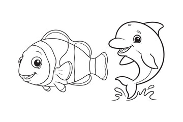 Sea animals colouring book illustration, Set of  Sea animals outline 