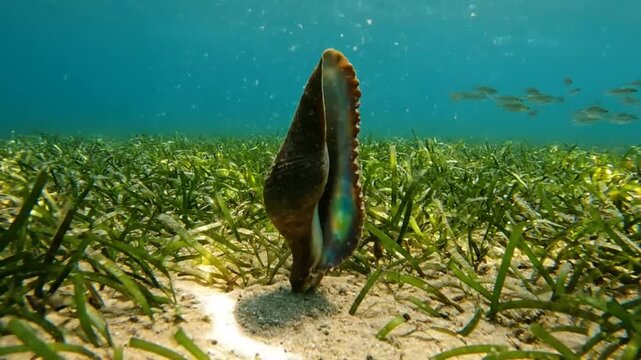 Underwater View of a Stunning Conch Shell with Iridescent Interior Standing on Sandy Seabed Among Lush Seagrass