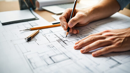 Person is drawing a building on a piece of paper