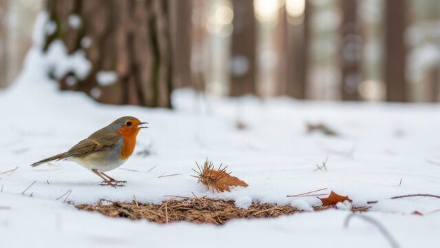 Robin bird snow forest winter wildlife nature - Powered by Adobe
