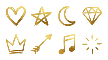 Gold hand drawn symbol set including heart, star, moon, diamond, crown, arrow, music note, and sparkle isolated. Decorative metallic foil icon collection.