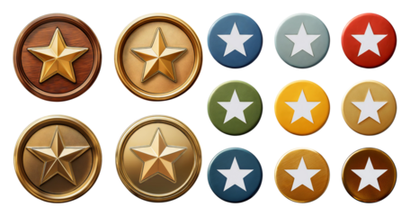 Collection of Colorful Badges with Stars in Various Designs and Colors, isolated on transparent background