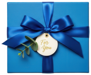 Top view blue gift box with round for you tag and eucalyptus branch
