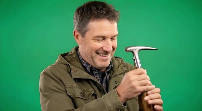 Man holding a corkscrew opener against a green screen background