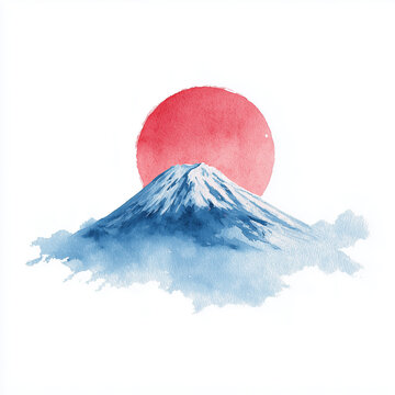 富士山と太陽の水彩イラスト