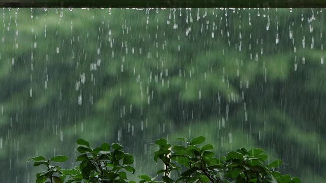 Raindrops falling under the eaves of a roof, a rainy landscape, a summer downpour falling on green trees, and the soothing sound of rain ASMR
